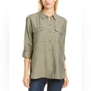 Vince Camuto Green Relaxed Button Up Utility Shirt with Roll-up Tabs on Sleeves